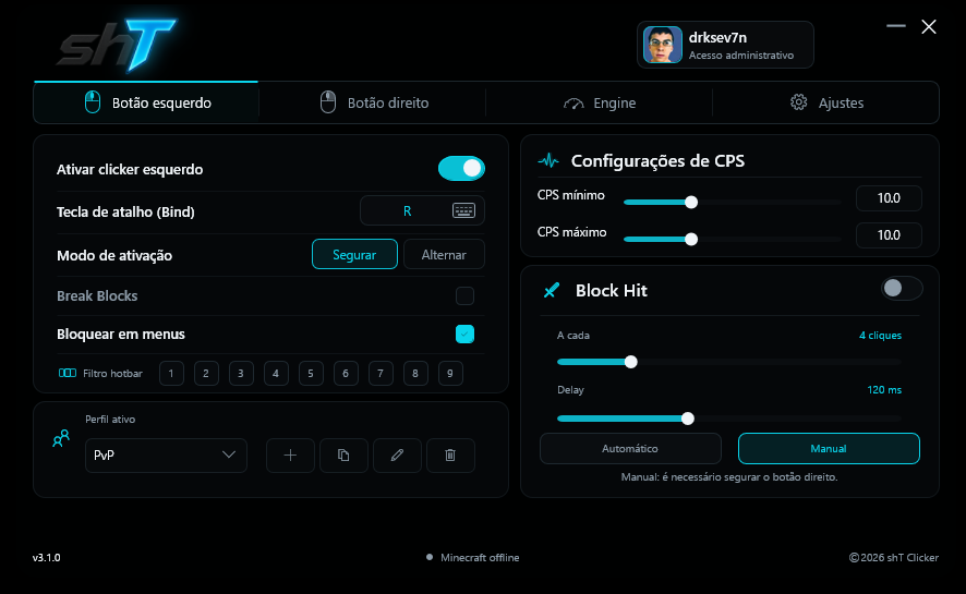 Captura da interface real do shT Clicker 3.1.0, com controles ciano em uma janela escura.