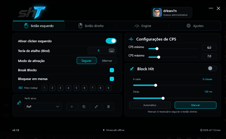 Captura real da interface do shT Clicker 3.1.0, com as abas Botão esquerdo, Botão direito, Engine e Ajustes.